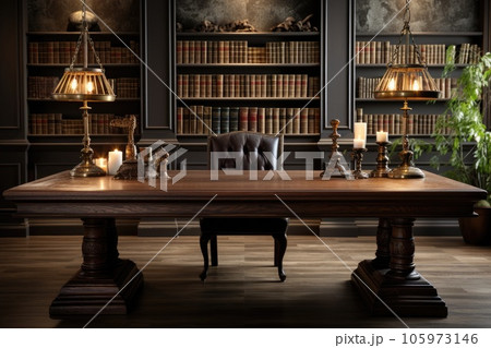 Front view Office desk with office tools, computer laptop on wood table background with copy space. Generative AI 105973146