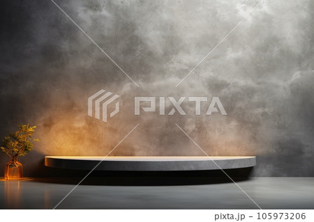 Light gray wall with a podium and beautiful lighting. Background for product presentation. Generative AI 105973206