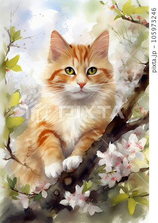花咲く木に登る猫の水彩画 Generative AIのイラスト素材 [105973246