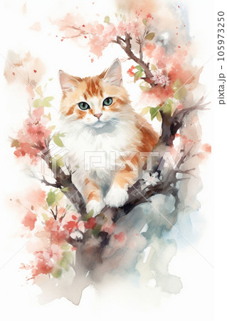 花咲く木に登る猫の水彩画 Generative AIのイラスト素材 [105973250