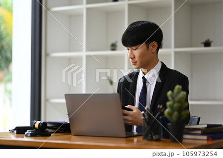 Focused male lawyer sitting in office and working on laptop . Lawyer, justice and law, attorney concept 105973254