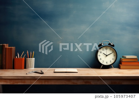 Front view Office desk with office tools, computer laptop on wood table background with copy space. Generative AI Front view Office desk with office tools, computer laptop on wood table background with copy space. Generative AI 105973407