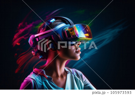 Modern technology woman in virtual reality game glasses in neon lights on dark background. Generative AI 105973593