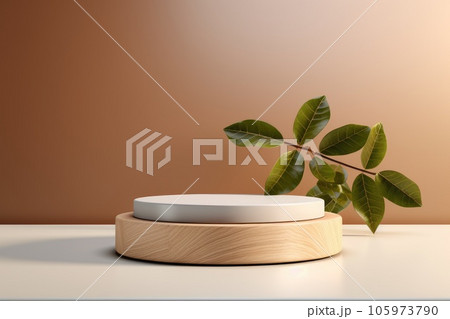 Wooden and Nature podium and beautiful lighting. Background for product presentation. Generative AI 105973790