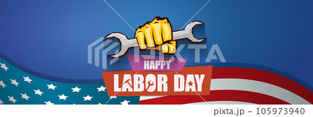 labor day Usa vector label or horizontal background. vector happy labor day poster or horizontal banner with clenched fist isolated on usa flag background . Labor union icon labor day Usa vector label or horizontal background. vector happy labor day poster or horizontal banner with clenched fist isolated on usa flag background . Labor union icon 105973940