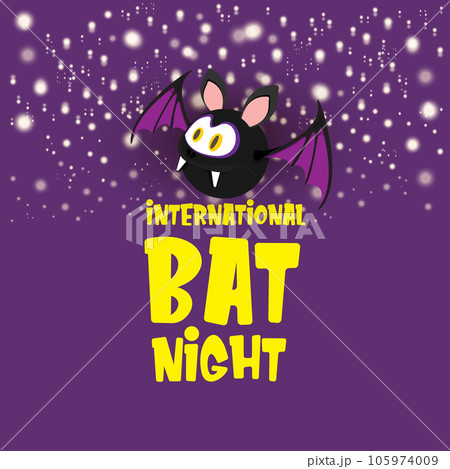 International bat night banner or poster with cartoon bat on violet night sky background. International bat night Vector illustration International bat night banner or poster with cartoon bat on violet night sky background. International bat night Vector illustration 105974009