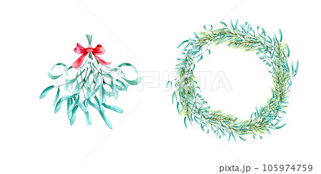 Watercolor christmas set. Hand ddrawn winter collection of mistletoe xmas traditional bouquet and wreath Watercolor christmas set. Hand ddrawn winter collection of mistletoe xmas traditional bouquet and wreath 105974759