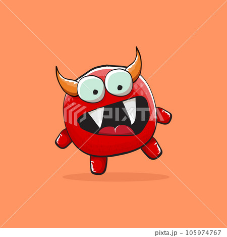Vector cartoon funny red monster with horn isolated on orange background. Smiling silly blue funky monster print sticker design template. Pink Ghost, troll, gremlin, goblin, devil and monster Vector cartoon funny red monster with horn isolated on orange background. Smiling silly blue funky monster print sticker design template. Pink Ghost, troll, gremlin, goblin, devil and monster 105974767