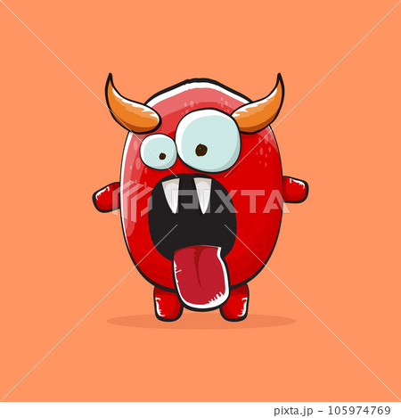 Vector cartoon funny red monster with horn isolated on orange background. Smiling silly blue funky monster print sticker design template. Pink Ghost, troll, gremlin, goblin, devil and monster Vector cartoon funny red monster with horn isolated on orange background. Smiling silly blue funky monster print sticker design template. Pink Ghost, troll, gremlin, goblin, devil and monster 105974769
