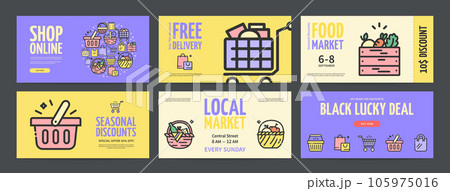 Online Shop and Delivery Horizontal Placard Poster Banner Card Template Set. Vector 105975016