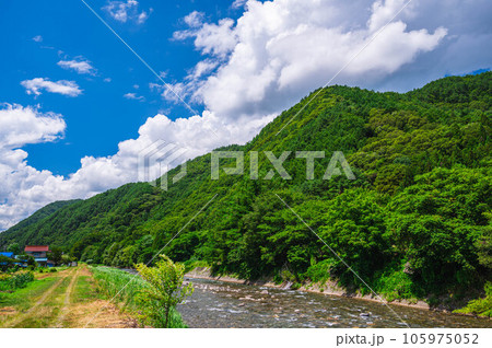 夏の日の新緑の山と木曽川　 105975052