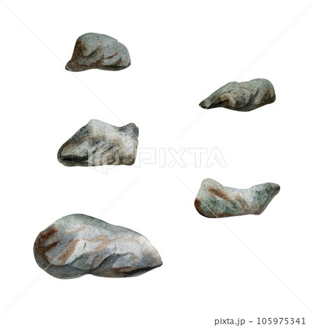 Hand drawn watercolor aquarium rocks, stones and pebbles for bed. Marine exotic underwater illustration. Isolated object on white background. Design for shops, brochure, print, card, wall art, textile Hand drawn watercolor aquarium rocks, stones and pebbles for bed. Marine exotic underwater illustration. Isolated object on white background. Design for shops, brochure, print, card, wall art, textile 105975341