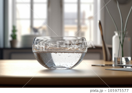 A glass bowl of water stands on the countertop in the living room A glass bowl of water stands on the countertop in the living room 105975577