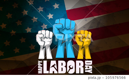 labor day Usa vector label or horizontal background. vector happy labor day poster or horizontal banner with clenched fist isolated on usa flag background . Labor union icon 105976566