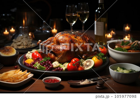 Table setting for traditional thanksgiving day. Turkey with vegetables 105977098