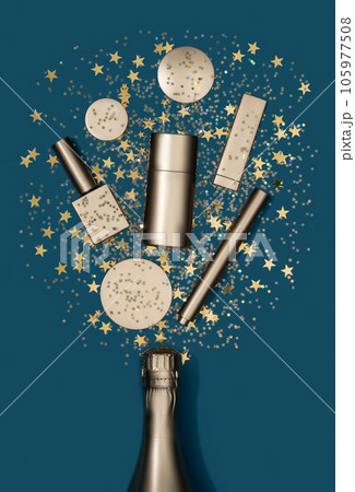 Luxury composition of golden champagne bottle, cosmetics products and star confetti on blue background in flat lay style. Christmas or New Year Eve celebration concept. Luxury composition of golden champagne bottle, cosmetics products and star confetti on blue background in flat lay style. Christmas or New Year Eve celebration concept. 105977508