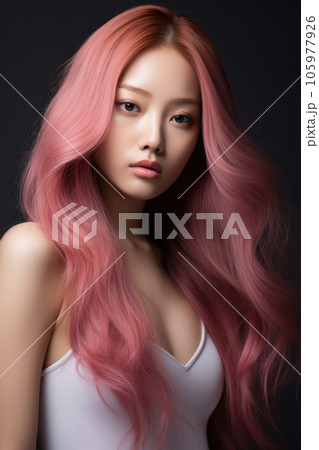 Portrait of an Asian woman with clean skin, with long pink hair in underwear Portrait of an Asian woman with clean skin, with long pink hair in underwear 105977926