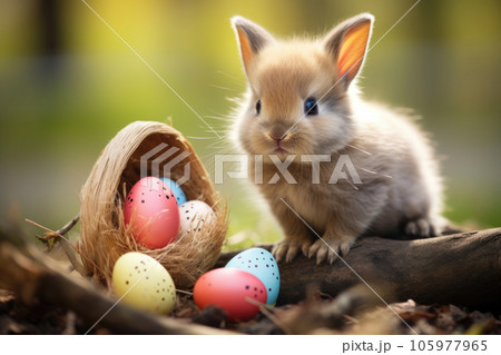 Easter bunny with basket and colored eggs Easter bunny with basket and colored eggs 105977965