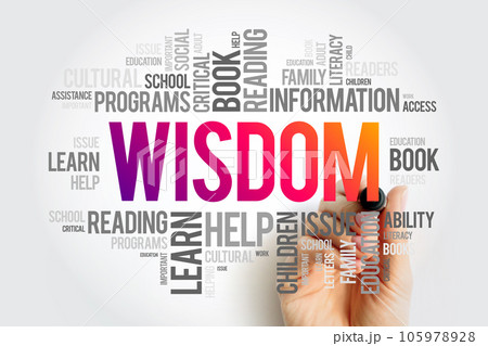Wisdom - ability to contemplate and act using knowledge, experience, understanding, common sense and insight, word cloud concept background Wisdom - ability to contemplate and act using knowledge, experience, understanding, common sense and insight, word cloud concept background 105978928