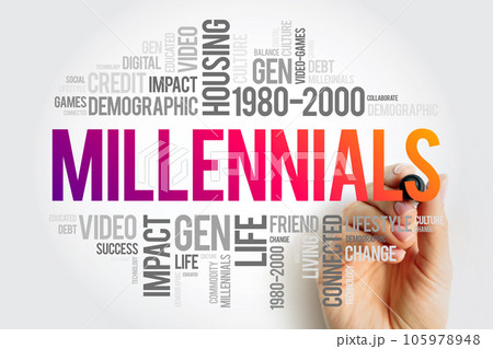 Millennials - generation of people born from 1981 to 1996, word cloud concept background Millennials - generation of people born from 1981 to 1996, word cloud concept background 105978948