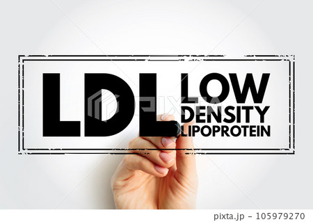 LDL Low-Density Lipoprotein - one of the five major groups of lipoprotein which transport all fat molecules around the body in the extracellular water, acronym text stamp 105979270