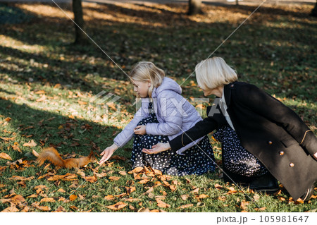 Happy funny mom and teen daughter feeding nuts to a squirrel on autumn park on a sunny day. Family spend time together and enjoy autumn fall season Happy funny mom and teen daughter feeding nuts to a squirrel on autumn park on a sunny day. Family spend time together and enjoy autumn fall season 105981647