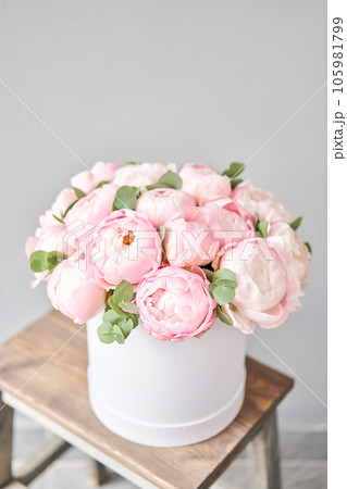 Pink peonies in pink round box. Beautiful peony for catalog or online store. Floral shop concept. Flowers delivery Pink peonies in pink round box. Beautiful peony for catalog or online store. Floral shop concept. Flowers delivery 105981799
