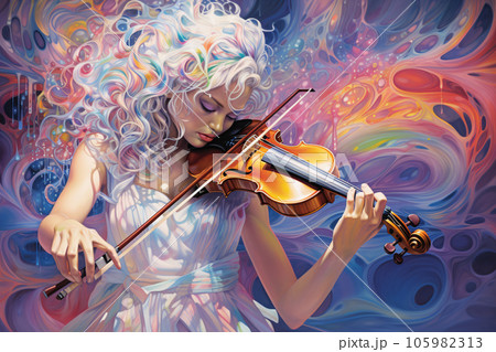 Beautiful Woman Playing Violin in Holographic...のイラスト素材