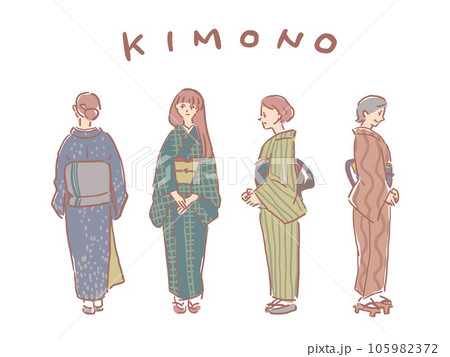 着物姿の四人の女性（テキスト有り）のイラスト素材 [105982372
