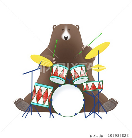 クマが楽しそうにドラムを叩いているイラスト 105982828