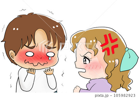 笑いをこらえる男性と怒る女性 笑いをこらえる男性と怒る女性 105982923