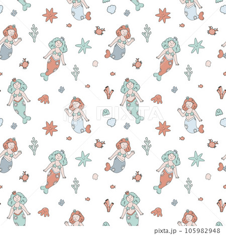 Beautiful vector seamless pattern with cute hand drawn mermaids and sea life. 105982948