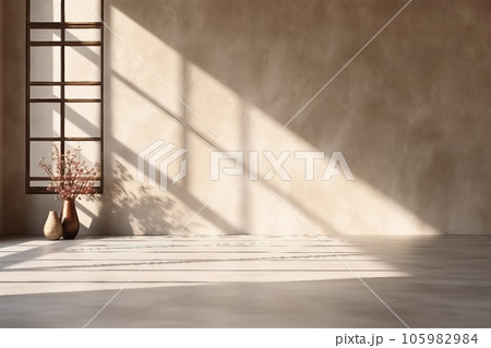 Empty beige luxury room with stucco texture wall, gray polished cement floor in sunlight with shadow from glass door and window to outdoor garden for interior design Empty beige luxury room with stucco texture wall, gray polished cement floor in sunlight with shadow from glass door and window to outdoor garden for interior design 105982984