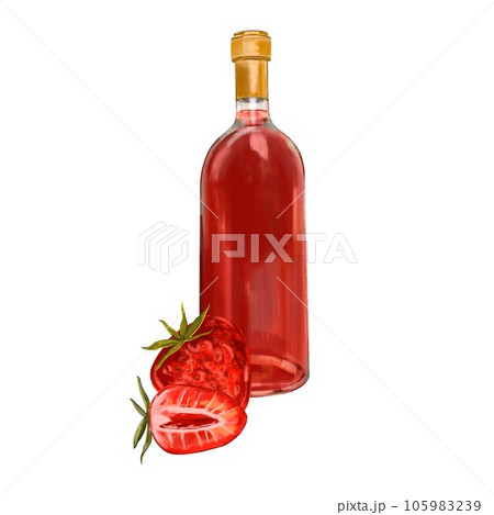 Isolated watercolor drawing with berry wine on a white background, a bottle of wine. Bottle of wine, champagne. Wine packaging, for pattern, textile, packaging, menu, design. 105983239