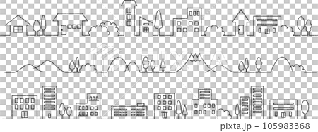 用簡單的黑色線條和蠟筆筆觸繪製的城市景觀、山脈和建築物 105983368