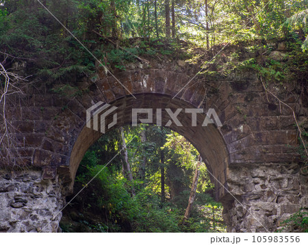 Old stone arched destroyed bridge over small river in a mountain forest Old stone arched destroyed bridge over small river in a mountain forest 105983556