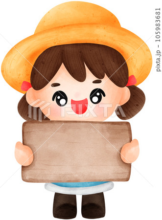 Cute cartoon illustration of a farmer character with wooden sign 105983681