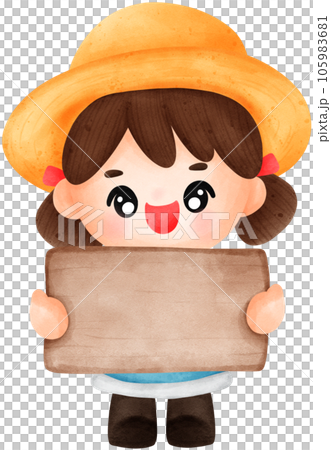 Cute cartoon illustration of a farmer character with wooden sign 105983681