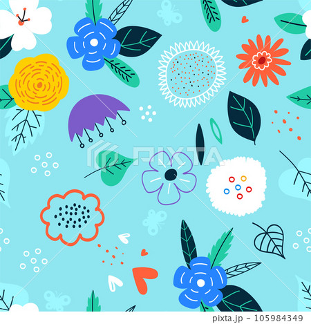Beautiful vector floral summer seamless pattern with hand drawn field wild flowers.Colorful flower seamless pattern illustration. Design for fashion , fabric, textile, wallpaper, cover, web , wrapping Beautiful vector floral summer seamless pattern with hand drawn field wild flowers.Colorful flower seamless pattern illustration. Design for fashion , fabric, textile, wallpaper, cover, web , wrapping 105984349