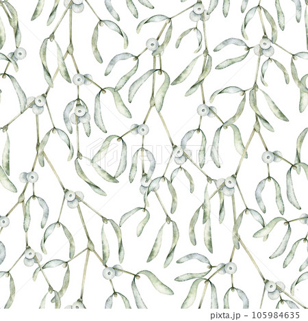 Mistletoe or Viscum branches with leaves and white berries. Christmas seamless pattern. Winter botanical Endless background. Hand drawn watercolor illustration for wallpaper, fabric, wrapping paper 105984635