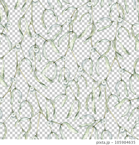 Mistletoe or Viscum branches with leaves and white berries. Christmas seamless pattern. Winter botanical Endless background. Hand drawn watercolor illustration for wallpaper, fabric, wrapping paper 105984635
