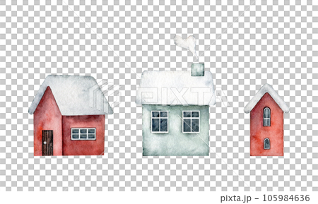 Winter set of cute houses with doors, windows, chimney, with snow on the roof. Hand painted watercolor design for Christmas card, souvenirs, winter poster, happy new year, sticker 105984636