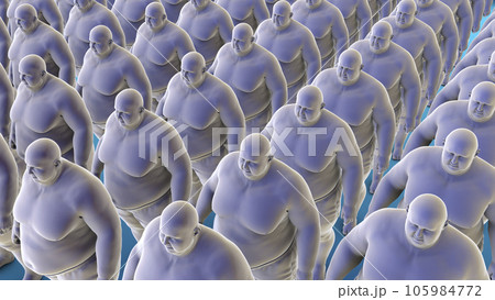 A clone of overweight people, conceptual 3D illustration symbolizing the obesity epidemic 105984772