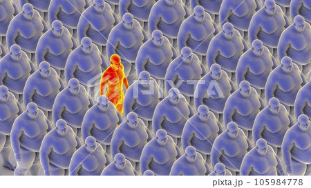 A single normal weight person amidst a large group of overweight people, conceptual 3D illustration 105984778
