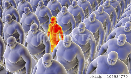 A single normal weight person amidst a large group of overweight people, conceptual 3D illustration A single normal weight person amidst a large group of overweight people, conceptual 3D illustration 105984779