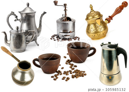 Coffee grinder, teapot, coffee pot and clay cup isolated on white. Collage. Coffee grinder, teapot, coffee pot and clay cup isolated on white. Collage. 105985132