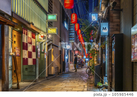 大阪　夜の法善寺横丁　石畳が続く雰囲気のある路地 105985446