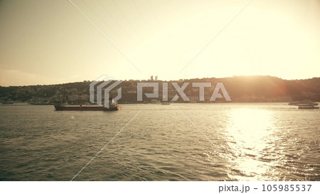Aerial shot of the general cargo ship moving along the Bosphorus Strait Aerial shot of the general cargo ship moving along the Bosphorus Strait 105985537