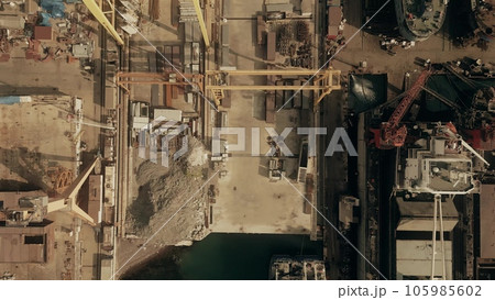 Aerial overhead shot of a shipyard Aerial overhead shot of a shipyard 105985602