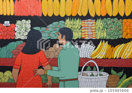 Indian couple in front of shelves with fresh produce in a supermarket. Rear view of a man and a woman shopping for food ingredients at a vegetable isle. Colorful vector illustration Indian couple in front of shelves with fresh produce in a supermarket. Rear view of a man and a woman shopping for food ingredients at a vegetable isle. Colorful vector illustration 105985608
